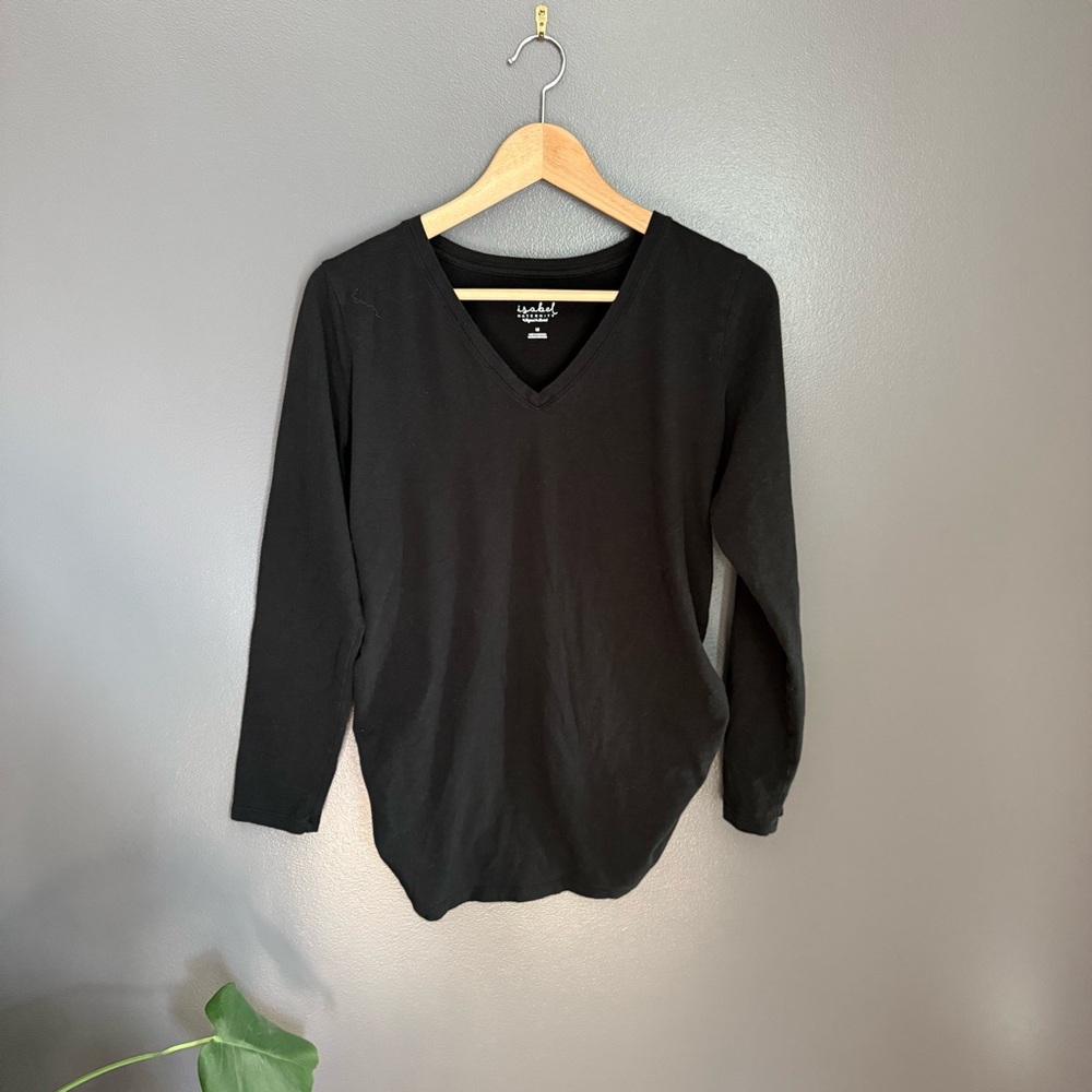 Ingrid Isabel Black Long Sleeve V Neck Shirt Blouse with Ruched Sides Size M